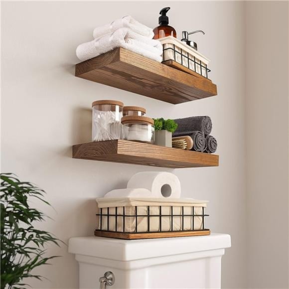 Floating Wood Shelves Set of 2 - Rustic Shelf 16 inch - Handcrafted in Europe - Picture 4 of 6